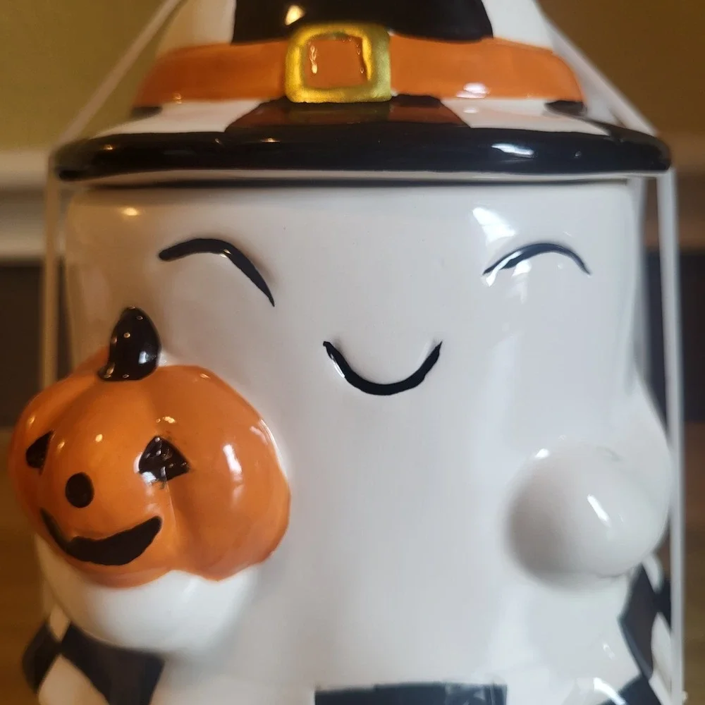 Jack O Lantern Lane Halloween Ghost Cookie Jar Pumpkin Checkerboard Ceramic NEW